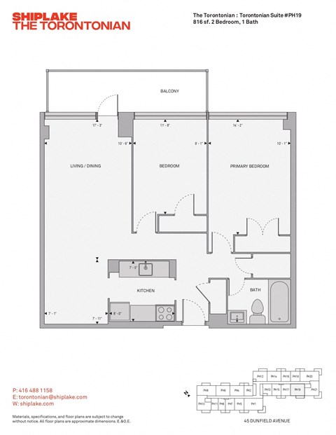 Floor plan for 2 beds, 1 bath, 816 sqft